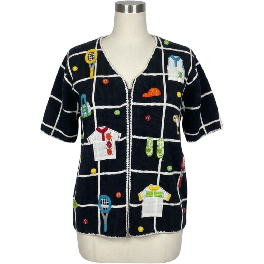 Marisa Christina Embroidered Navy Grid Vintage Tennis Short Sleeve Sweather